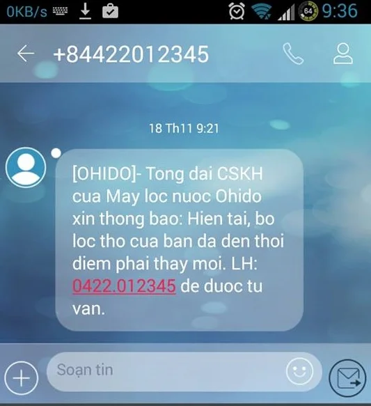 tin nhắn nhắc nhở khách hàng khi cần thay lõi lọc