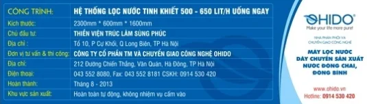 dây chuyền lọc nước Ohido chế tạo cho Thiền viện Trúc Lâm Sùng Phúc